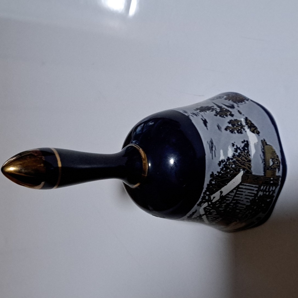 Vintage Currier and Ives  blue porcelain bell, The Old Homestead in Winter